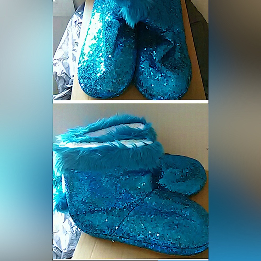 sequin faux fur slippers New in package Booties soft & cozy XL sparkly shoes NWT